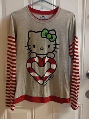 2/$10 Hello Kitty Christmas Gray Long-Sleeve Top with Red Striped Sleeves